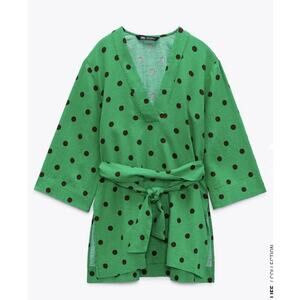 NWT Zara Belted Top Blouse Womens Sz XL Polka Dot Linen Blend Kaftan Tunic Retro